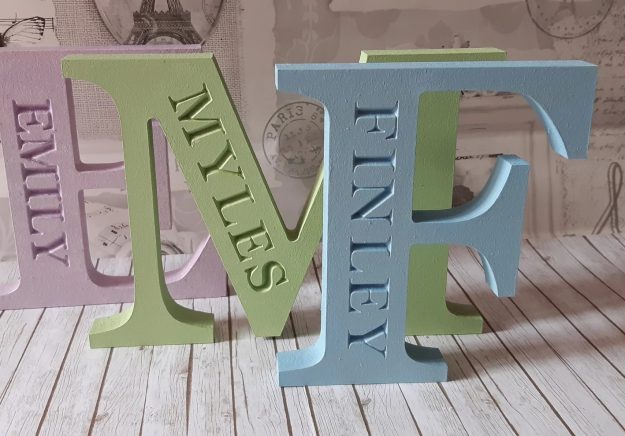 Engraved ornamental plaque, personalised capital letter, freestanding hand painted decor, Initial alphabet with name, any colour.