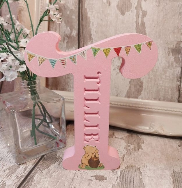 Winnie Pooh personalised letter plaque, Capital alphabet sign engraved name. Piglet, Eeyore, Tigger nursery ornament, any colour.