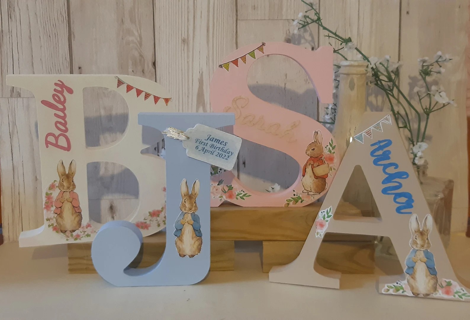 Peter Rabbit letter plaque. Beatrix Potter Flopsy bunny sign. Alphabet letter personalised with name